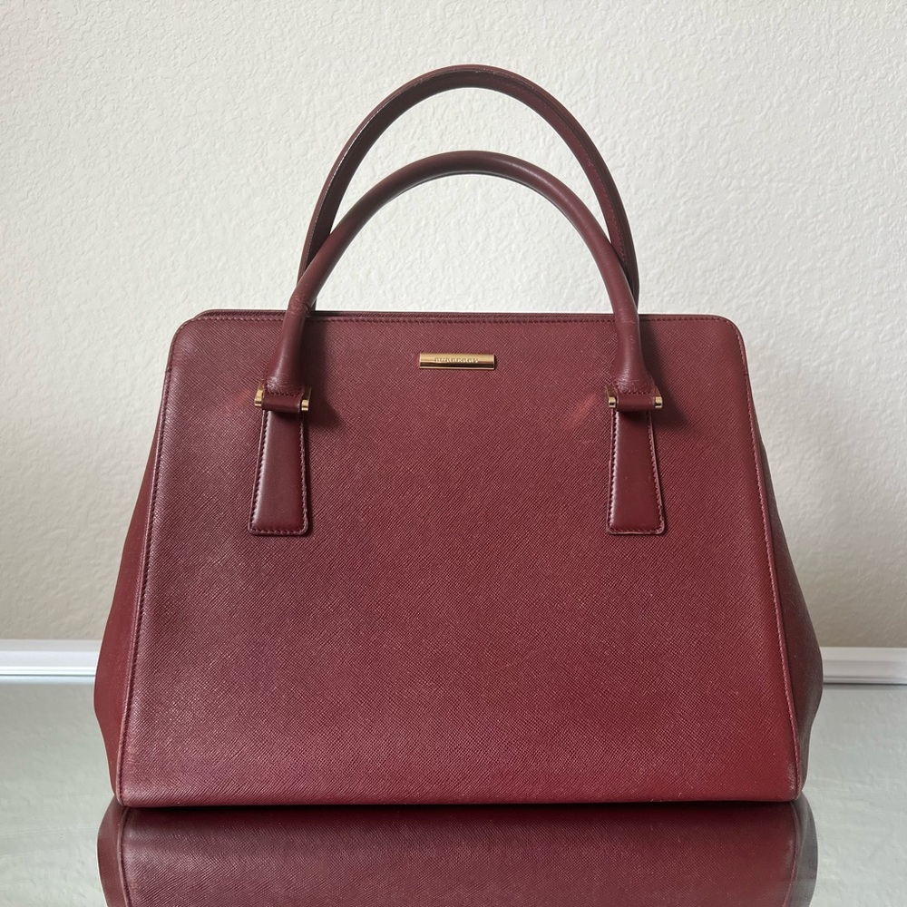 Burberry Saffiano Leather Handbag – Burgundy with Nova Check Interior